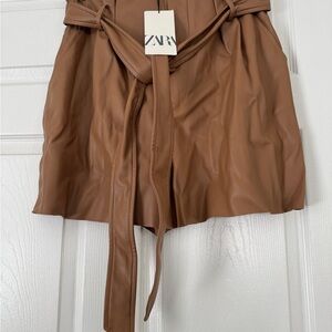Zara Tan Faux Leather Short with Tie Belt